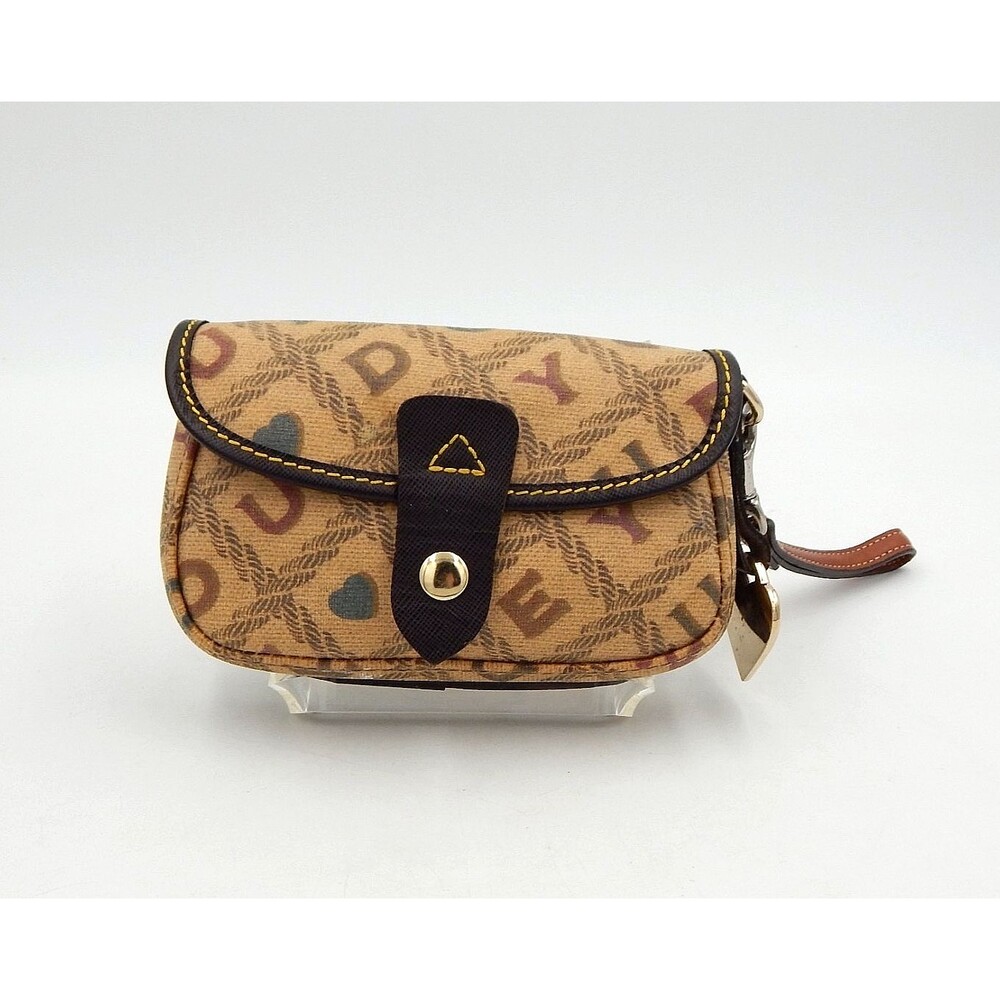 Dooney Bourke Wristlet Crossword Antiqued Tan Y2K Mini Heart FOB Logo Signature
